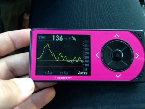 This graph shows my blood sugars from 6 a.m.-5 p.m. The flat, horizontal yellow line is 160, and the flat, horizontal red line is 80. On a normal day, I try to stay between those lines which is demonstrated by white dots on the graph. On rides, I like to stay between 160-200. Anything above 160 is a yellow dot. You can see I was mostly within that range excluding the morning spike. 